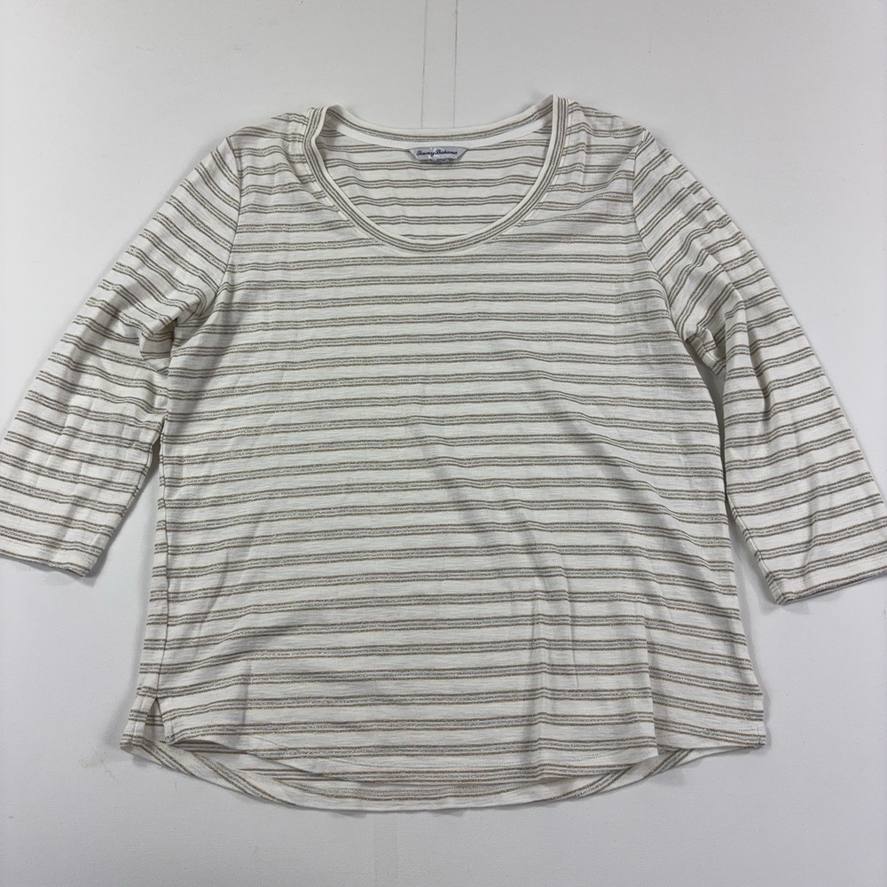 Tommy Bahama T-Shirt Womens L White Striped Scoop Neck 3/4 Sleeve Jersey Top